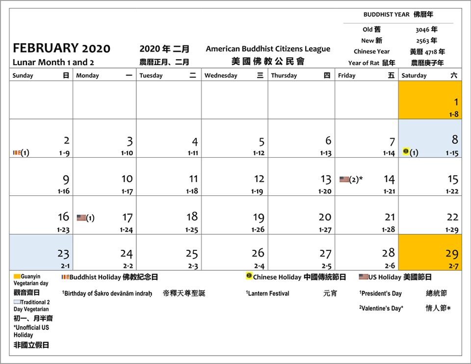 2020年二月。一號和廿九號是觀音齋日。八號和廿三號是初一以及月半齋日。二號是佛教紀念日，是帝釋天尊聖誕日。八號是元宵。十四號是情人節和十七號是總統節。